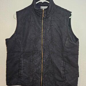 Columbia Womens Sz XL Vest Black Embroidered Floral Soft Suede Hiking Outdoors